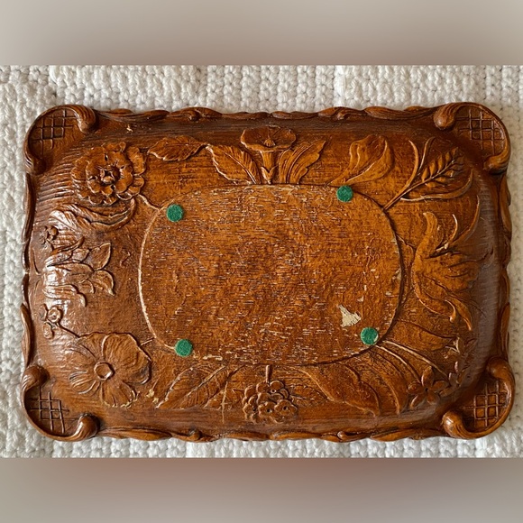 Vintage Resin Faux Wood Carved Floral Dish - Picture 5 of 10